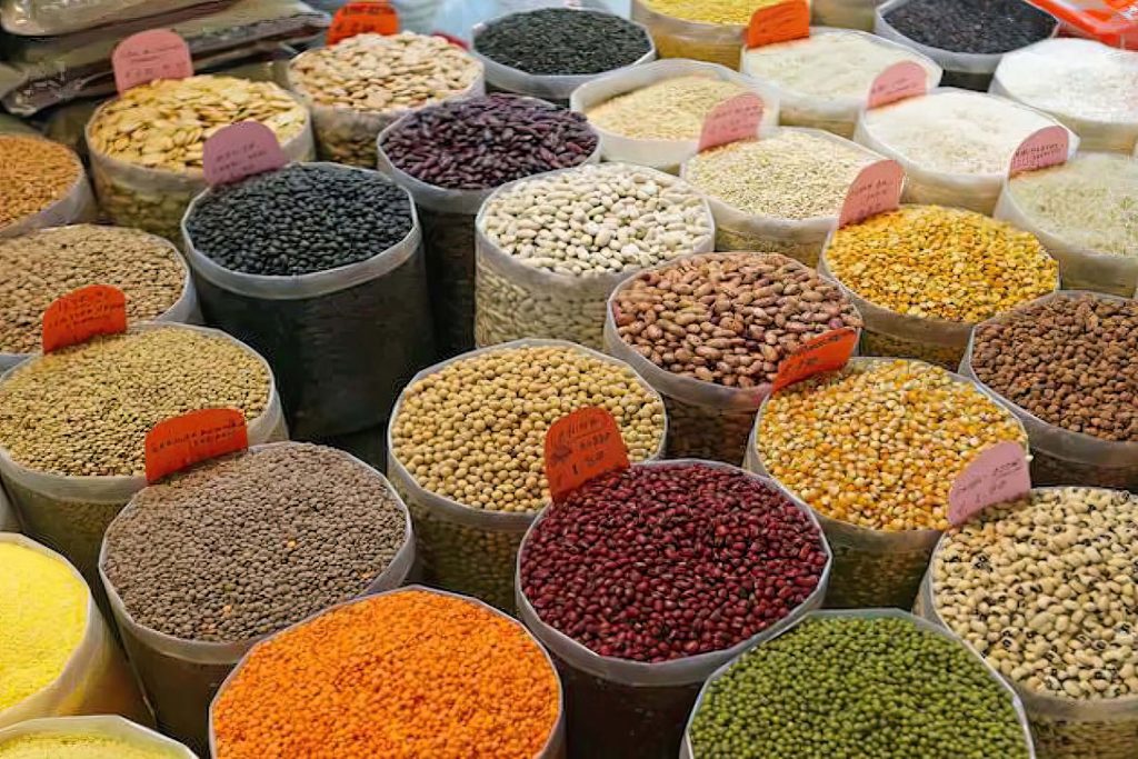 The-photo-shows-pulses-and-beans-seen-in-a-market
